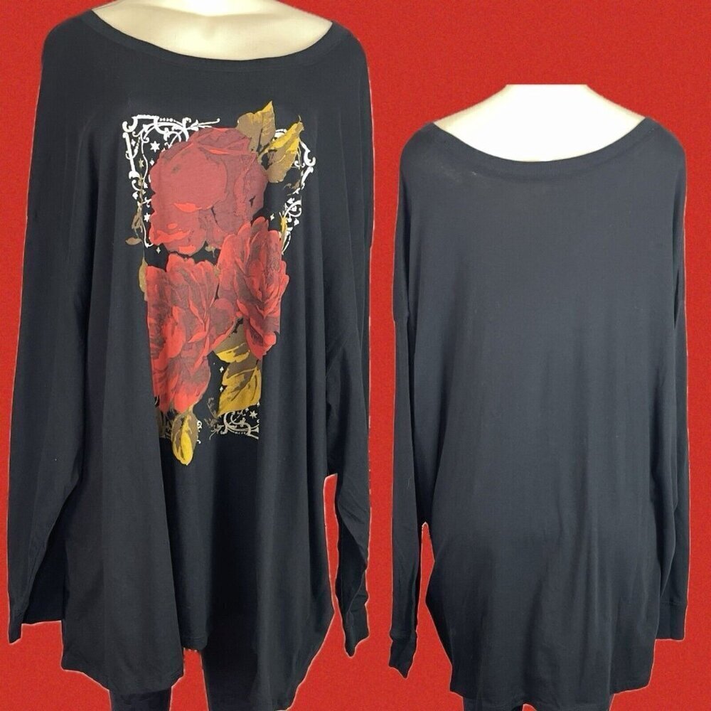 Torrid +5 Black Floral Red Graphic Crew Neck Relaxed Fit Cotton Long Sleeve Tee